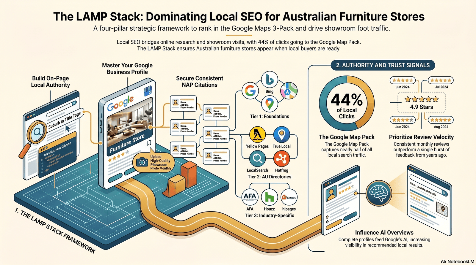 Infographic explaining the LAMP Stack framework for local SEO, designed for Australian furniture stores. Shows four pillars: (1) Build on-page local authority using suburb-targeted title tags and LocalBusiness schema; (2) Master your Google Business Profile with high-quality showroom photos uploaded monthly; (3) Secure consistent NAP citations across three tiers — Tier 1 foundations (Google, Bing, Apple Maps), Tier 2 Australian directories (Yellow Pages, True Local, LocalSearch, Hotfrog), and Tier 3 industry-specific platforms (AFA, Houzz, hipages); and (4) Authority and trust signals, including the statistic that the Google Map Pack captures 44% of local clicks, a 4.9-star review rating maintained through consistent monthly review velocity, and complete profiles that influence Google AI Overviews in local results.