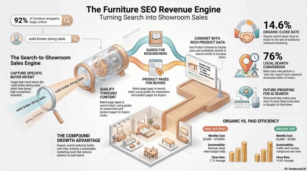 Furniture SEO revenue engine infographic showing how 92% of furniture shoppers begin online - illustrating the search-to-showroom sales funnel from buyer intent keywords like solid timber dining table through content qualification, product pages, and rich product schema to showroom visits, with key stats: 14.6% organic close rate vs 1.7% paid ads, 76% local search conversion within 24 hours, and organic SEO vs PPC cost comparison for furniture stores.