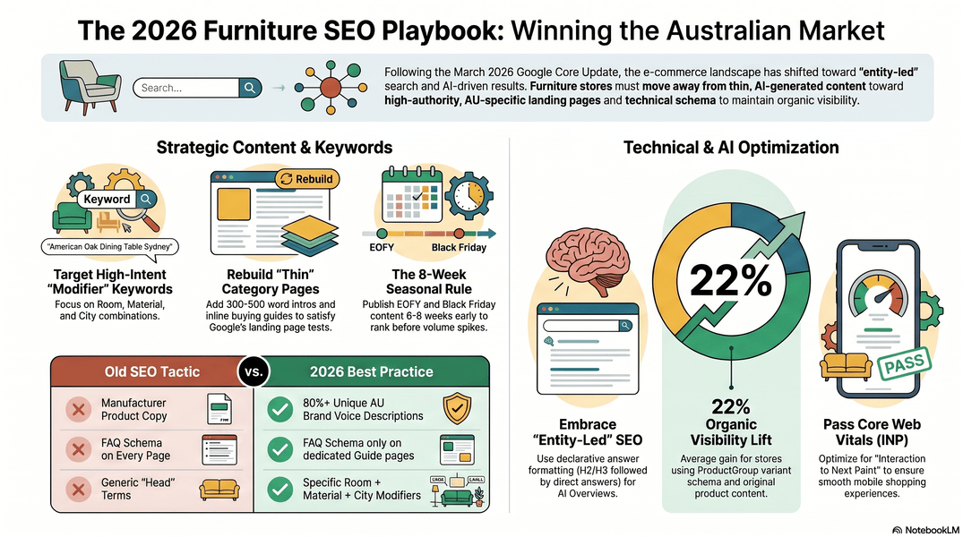 Infographic titled "The 2026 Furniture SEO Playbook: Winning the Australian Market," split into Strategic Content and Keywords on the left and Technical and AI Optimisation on the right. The left panel covers high-intent modifier keywords like "American Oak Dining Table Sydney," rebuilding thin category pages with 300 to 500 word intros, and the 8-week seasonal rule for EOFY and Black Friday content, plus a comparison table of old SEO tactics versus 2026 best practice. The right panel highlights entity-led SEO for AI Overviews, a 22 percent average organic visibility lift from ProductGroup variant schema, and passing Core Web Vitals INP for mobile.