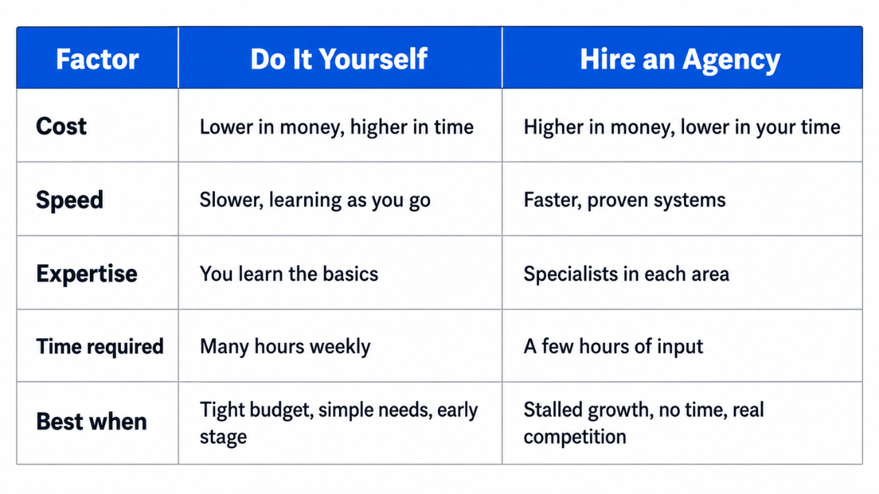 DIY digital marketing vs hiring an agency.