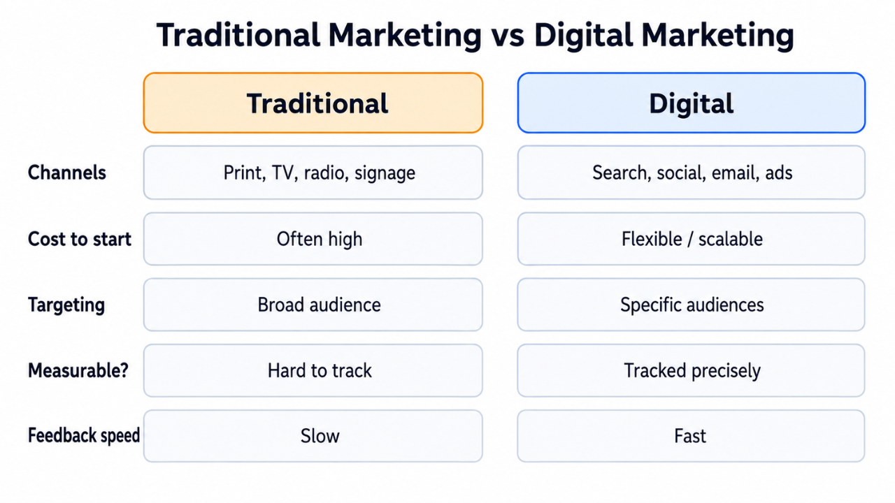 Traditional vs digital marketing at a glance.