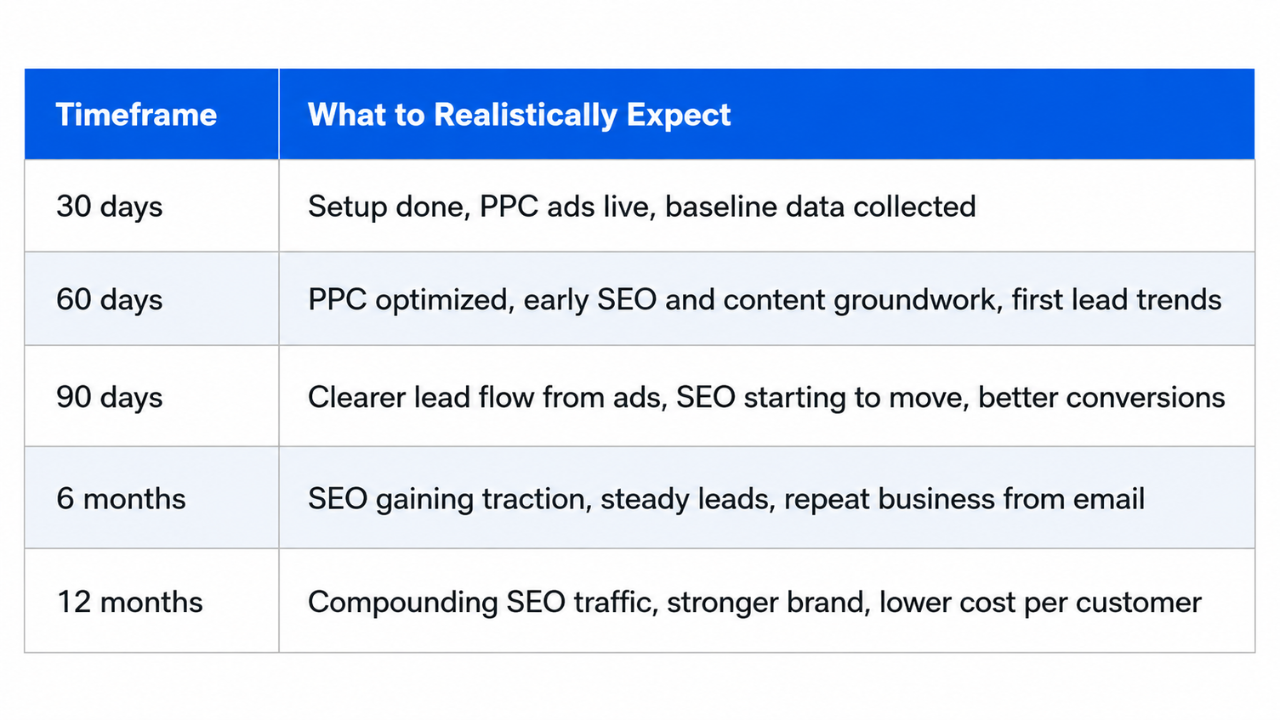 Digital marketing results timeline from 30 days to 12 months.