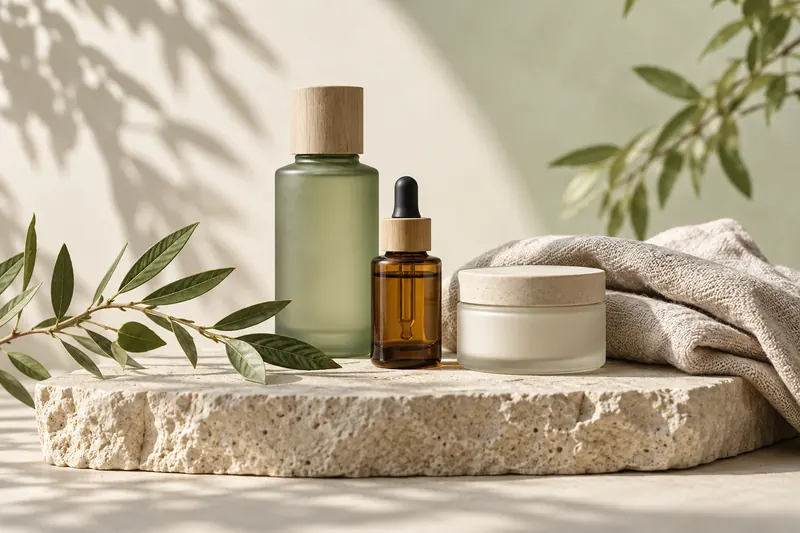 Skincare bottles and an ivory jar beside natural linen