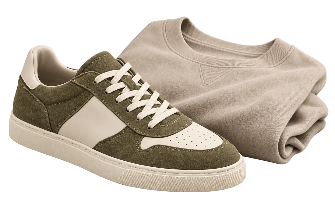 Olive suede sneaker and folded sweatshirt in an illustrative search result