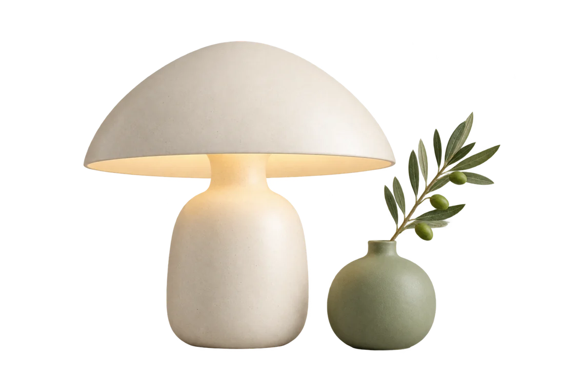 Ceramic dome lamp and sage vase in an illustrative AI product recommendation