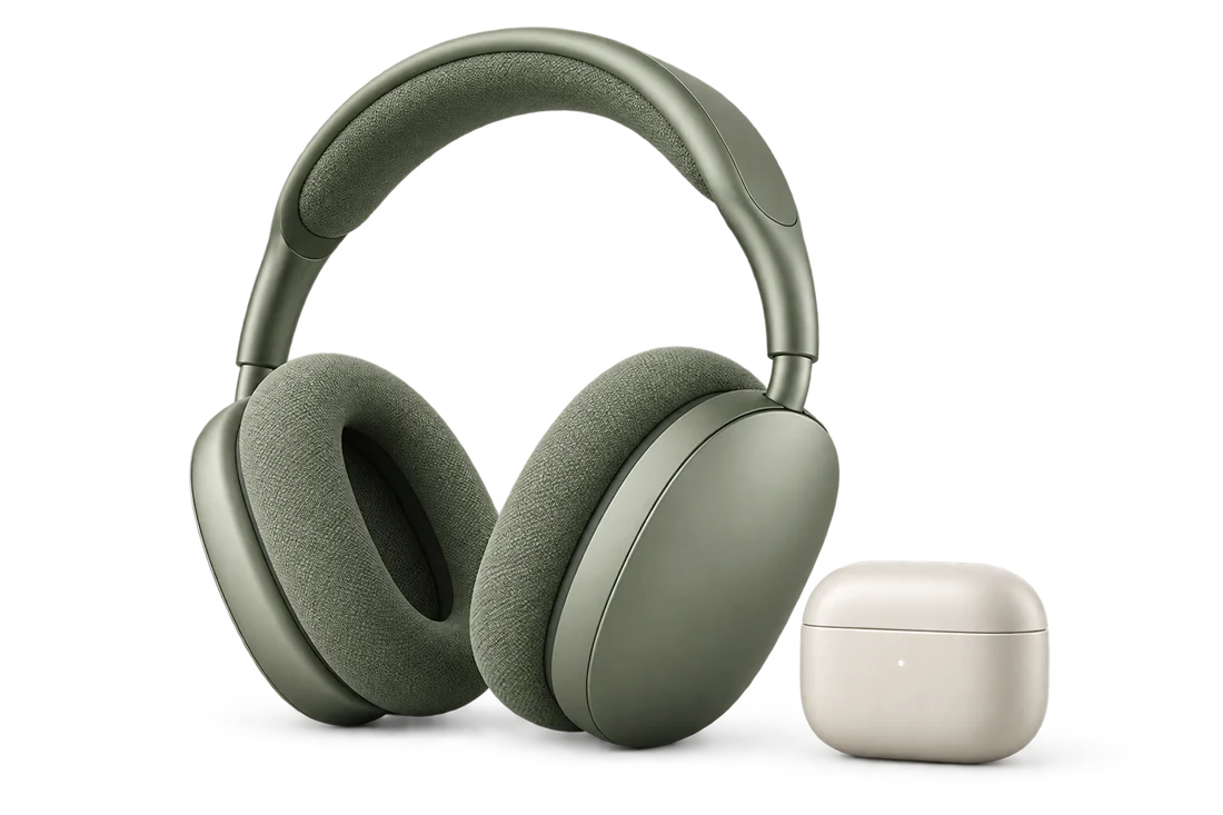 Sage headphones and an ivory charging case in a product spotlight