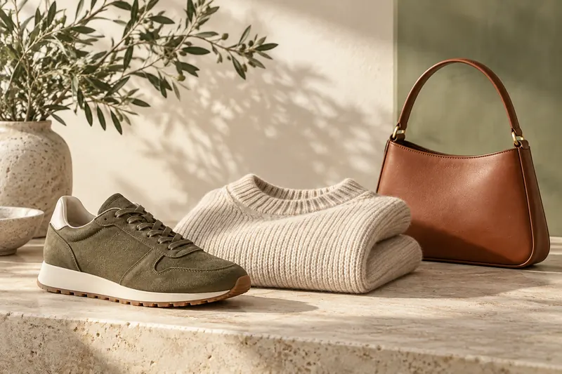 Olive sneaker, oatmeal knitwear and a leather handbag