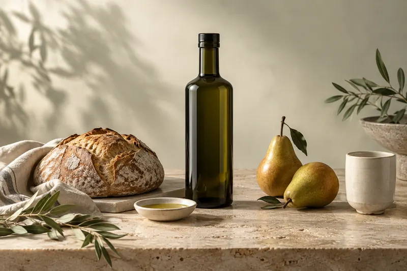 Olive oil, artisan bread and pears in a warm studio