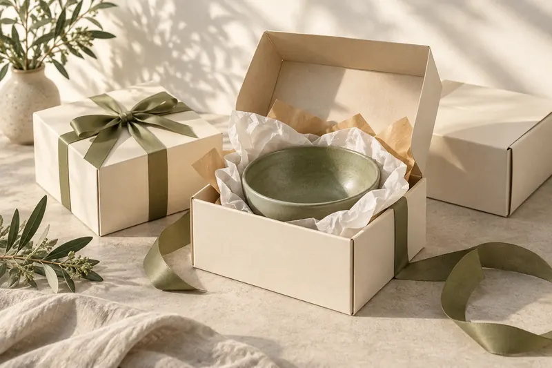 Ceramic bowl packed in tissue inside an ecommerce parcel