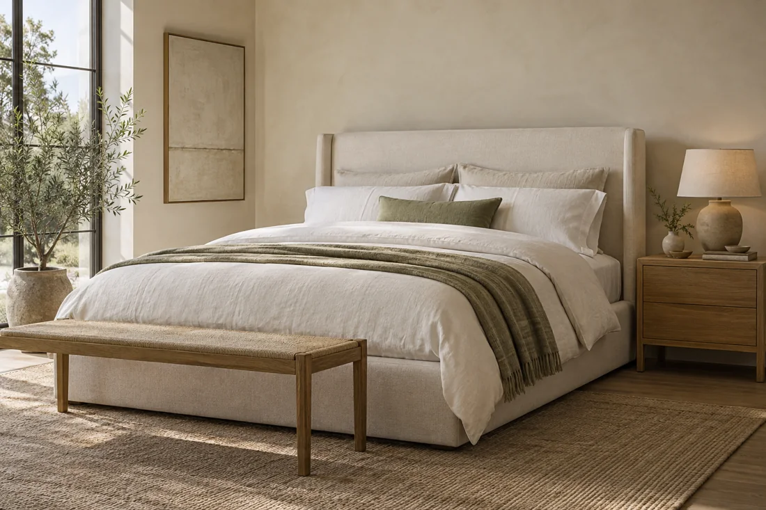 Upholstered bed with linen bedding and an oak nightstand