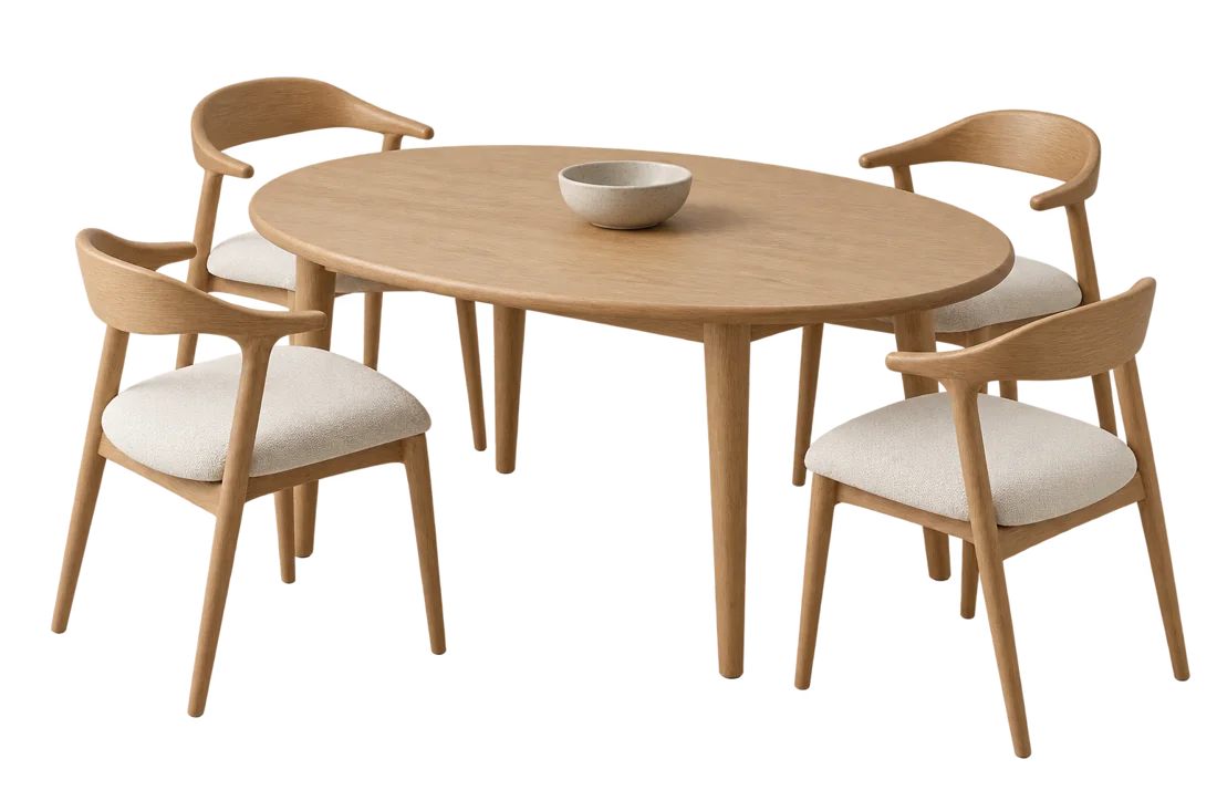 Oval oak dining table with upholstered dining chairs