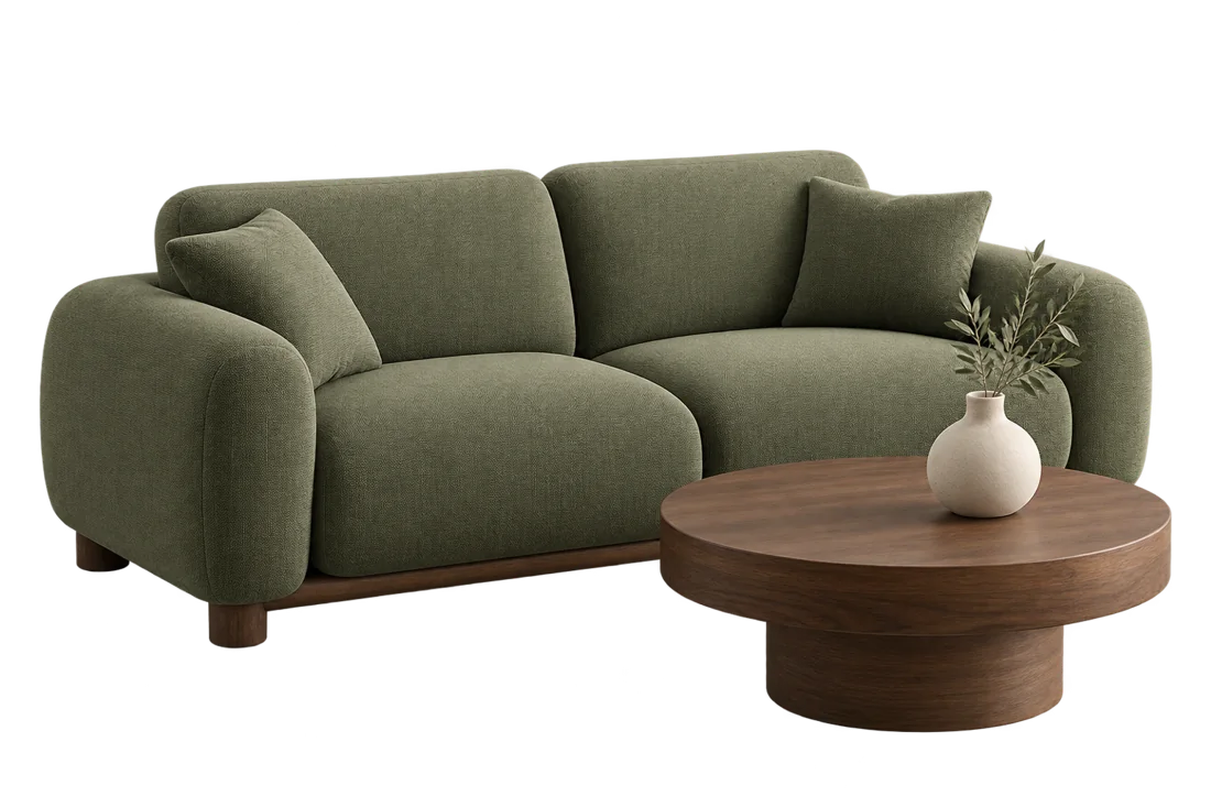 Olive green sofa and walnut coffee table in a soft green studio setting