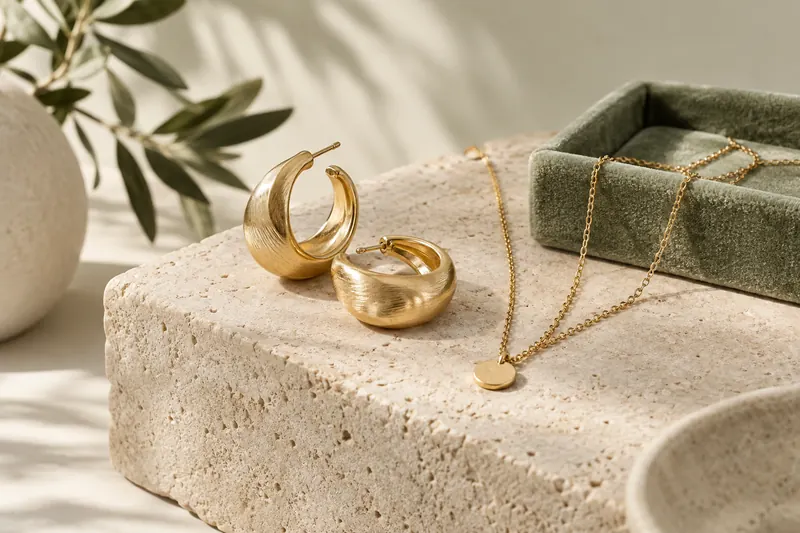 Gold jewellery displayed on limestone beside a sage velvet tray