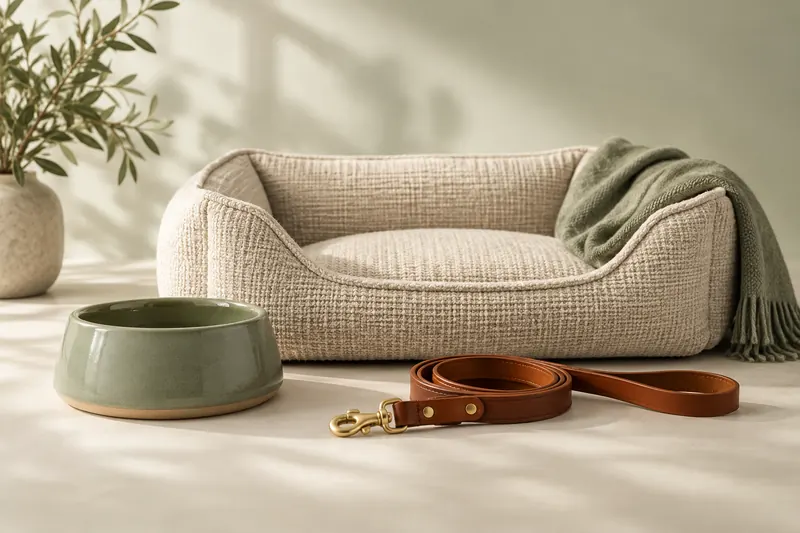 Woven pet bed, ceramic bowl and leather leash
