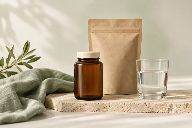 Amber wellness bottle, refill pouch and glass of water