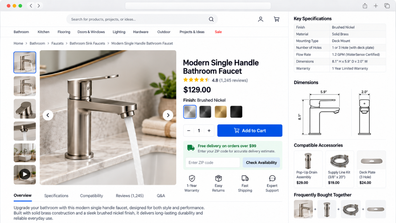 Ecommerce product page showing a bathroom faucet with technical specifications, dimensions, compatible accessories, and product details.