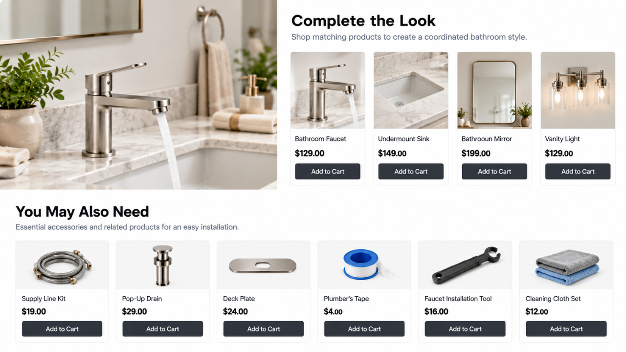 Ecommerce product recommendations showing matching bathroom fixtures and accessories to encourage repeat purchases.