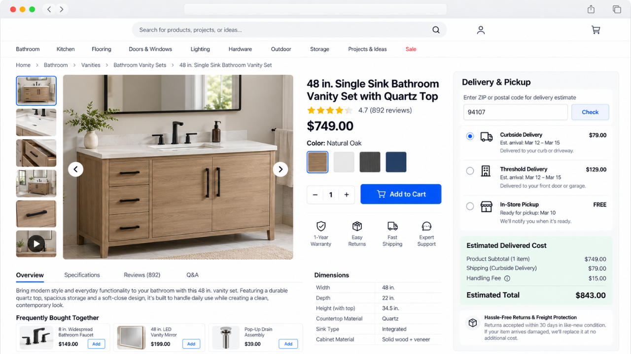 Home improvement ecommerce product page showing bathroom vanity pricing, shipping options, and total delivered cost before checkout.