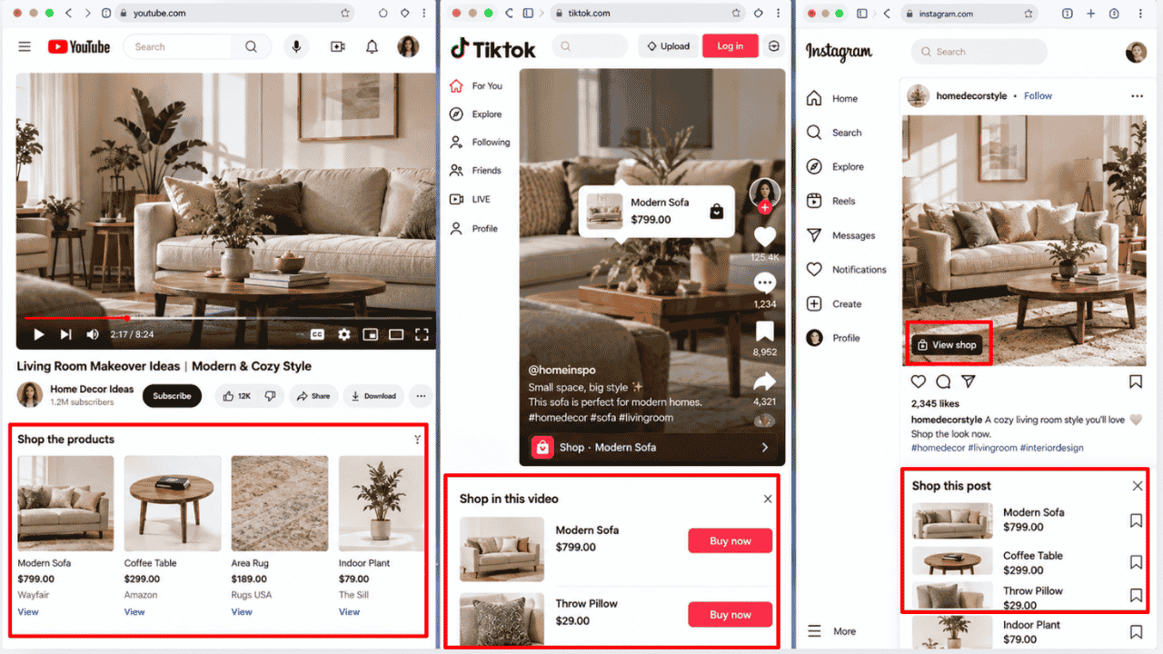 Social commerce product shopping interfaces on YouTube, TikTok, and Instagram.